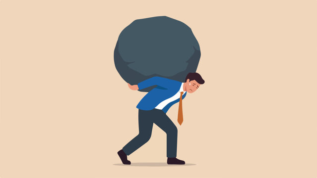 Work re sponsibility, pressure or problem, debt burden or difficulty challenge, struggle, or overworked, effort or punishment concept, tired businessman carry heavy weight rock boulder in atlas pose