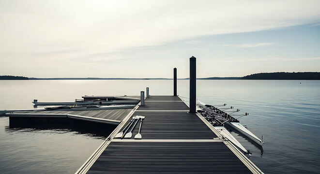 Serene morning view over calm lake waters featuring empty rowing boats tied to wooden dock