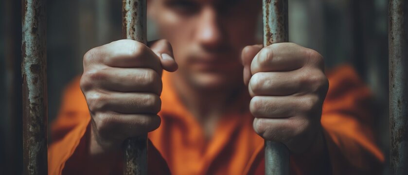 Incarcerated man gripping prison bars.