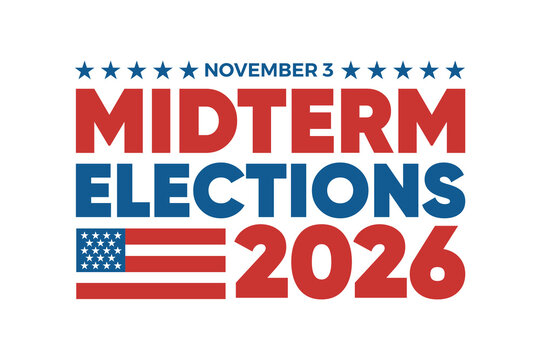 Midterm Elections 2026 banner design with American flag vector illustration. Patriotic political campaign voting template for US election poster. Midterm election vote typography.