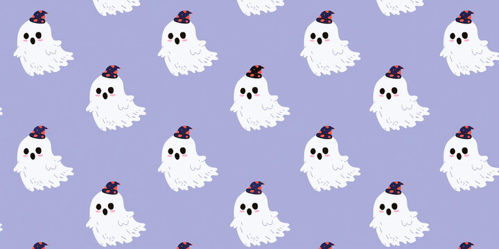 Playful Ghost Pattern With Hats A Repeating Vector Illustration On Lavender Background ghosts halloween spooky