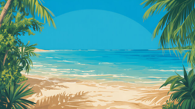 Pixel art tropical beach landscape with blue ocean waves sand shore and green palm trees in a bright summer day scenery for retro video game background design and digital art projects