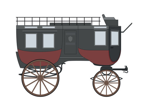 An illustration of an old stagecoach, decorated with large wooden wheels and traditional details, symbolizing road travel from a bygone era.