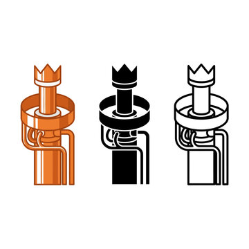 Three robot heads with crown on top in orange black and white colors  isolated on white background
