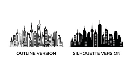 Cityscape Duo: A striking comparison of a modern cityscape presented in both an outline and silhouette version, showcasing the architectural diversity and scale of urban development. © Sara