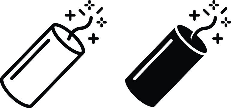 Dynamite Stick Icon Set with Burning Fuse in Line and Solid Styles for Explosion, Danger, Game UI, and Demolition Vector Graphic Designs