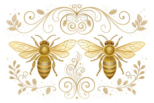 Two golden bees with decorative ornamental flourishes honeybee ornament