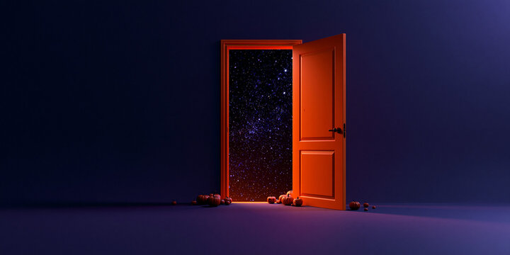 Open door revealing a starry night sky a surreal 3d rendering with pumpkins doorway halloween