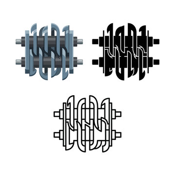 Three sets of stylized dumbbell illustrations in gray black and white on a solid white background