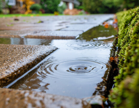 Rainwater gently flowing between moss-covered garden stones after rainfall