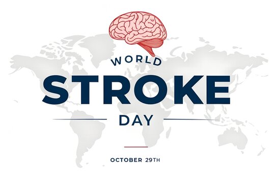 World stroke day awareness poster with anatomical brain illustration, awareness