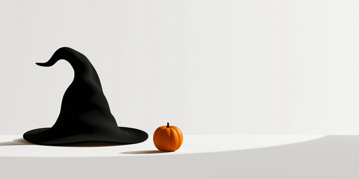 Black witch hat and small pumpkin on a white surface minimalist 3d rendering pointed halloween