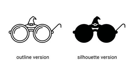 Round Spectacles with Witch Hat: A pair of round spectacles, one in an outline and the other in a silhouette, are adorned with a classic pointed witch's hat, symbolizing magic and mystique. © afra