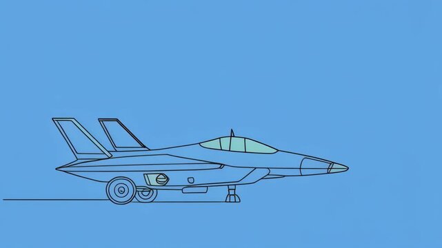 Jet fighter plane construction sequence in clean motion graphics against a blue sky background