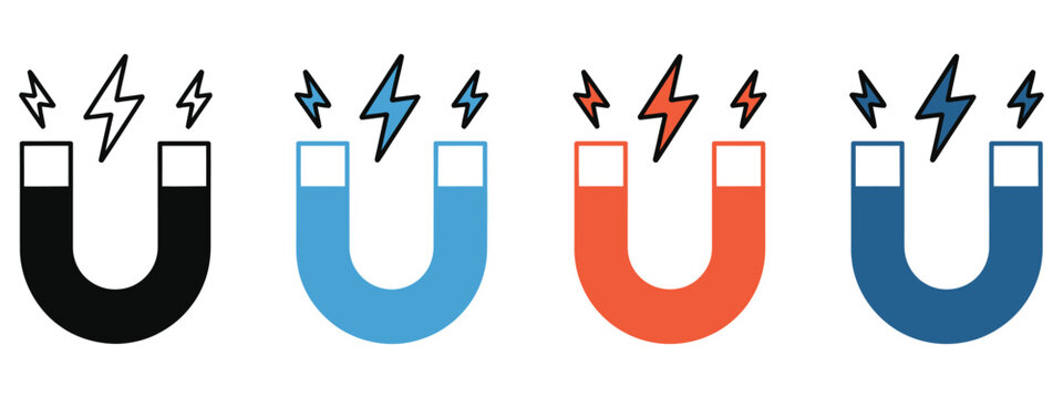 Magnet icon pack with line, solid and colored styles for magnetic force, attraction, science, education and industrial graphics.