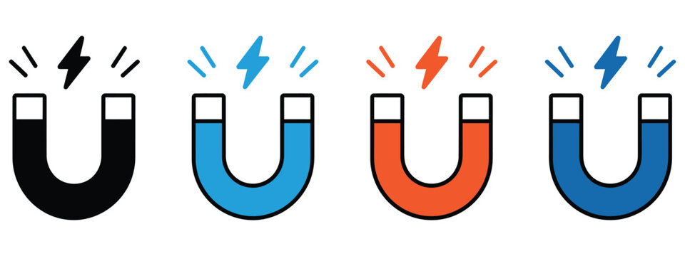 Magnet icons in line, solid and colored styles with magnetic attraction symbols for physics, engineering and technology design.