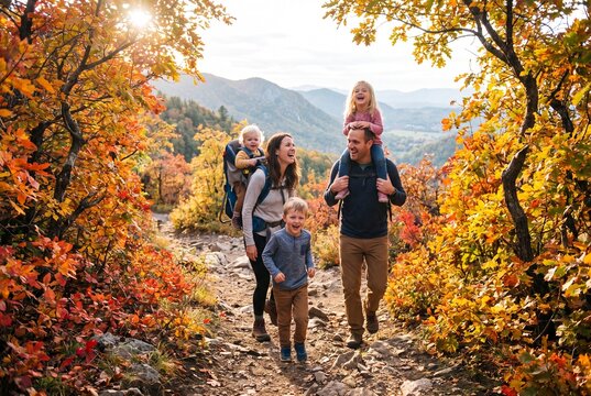 Joyful Family Adventure: Parents and Kids Laughing while Hiking a Scenic Mountain Trail in Vibrant Autumn Foliage