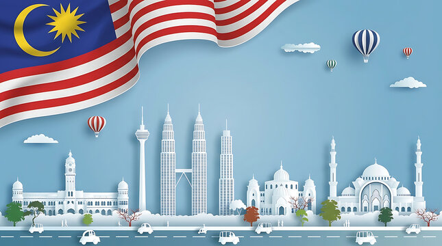 Malaysia independence day celebration with the Kuala Lumpur skyline in a creative paper cut art style featuring the national flag and landmarks