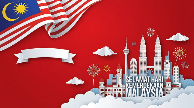 Malaysia Independence Day and Merdeka celebration banner featuring Kuala Lumpur skyline and national flag in paper cut style