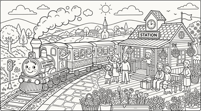 Black and white line art illustration of a toy train arriving at a rural station with happy passengers and families for coloring book page