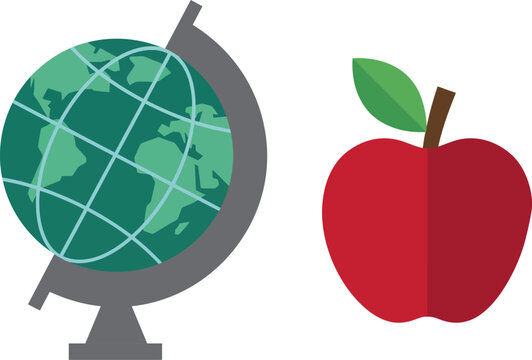 Minimalist school globe and red apple vector illustration for education