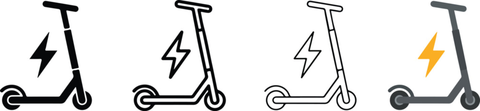 electric scooter icons with lightning bolt symbols indicating electric power isolated on transparent background