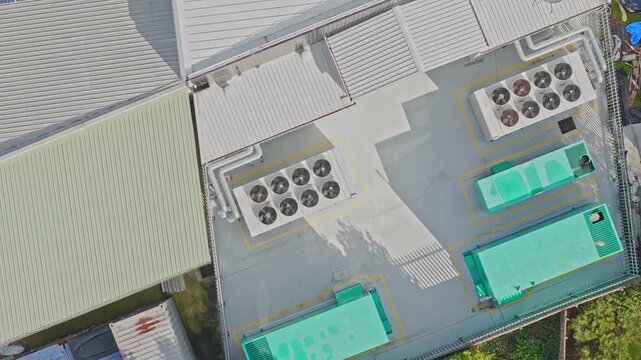 Aerial top view of industrial air conditioning systems on a rooftop