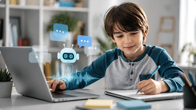 Child using laptop with artificial intelligence assistant for modern digital learning and online education at home

