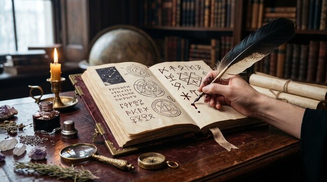 Person showing hands drawing spiritual runes with a glowing tool over an old book, suitable for fantasy sorcery concepts.