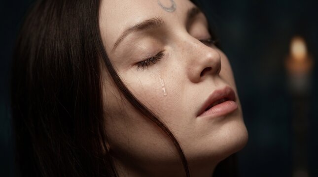 Close-up portrait of a medium in trance during s&eacute;ance with closed eyes, ideal for emotional psychic reading visuals.