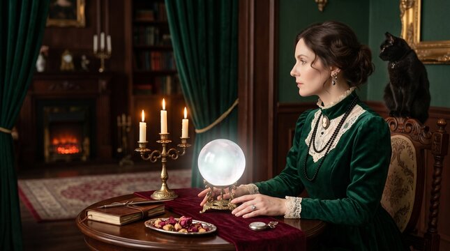A vintage styled medium in trance during s&eacute;ance holding a crystal ball with a cat in the background, for retro occult concepts.