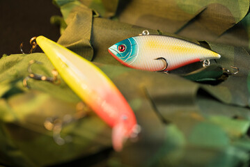 Detailed macro shot of fishing lures resting on camo material The Concept of bait selection and sport © VicVaz