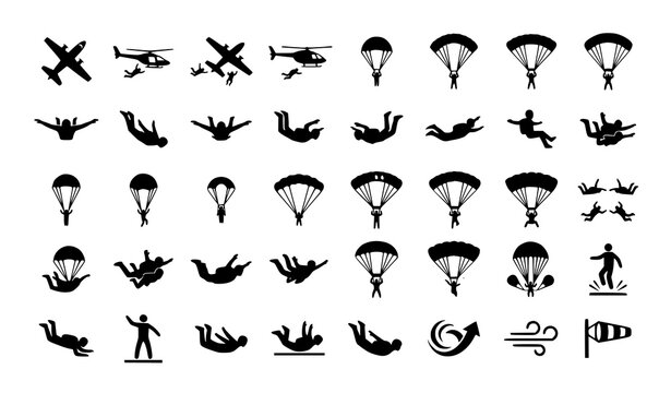 Skydiving Freefall Airplane and Parachute Black Silhouette Vector Icon Set