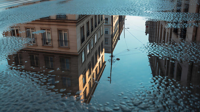 Beautiful reflection of city buildings in a water puddle on the street after a rainy day with golden sunlight and blue shadows creating a peaceful and artistic urban scenery view