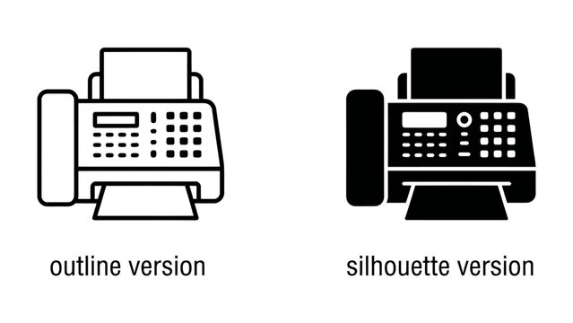 Fax Machine Icon: A clear outline and a solid silhouette illustration of a fax machine, representing communication and technology.