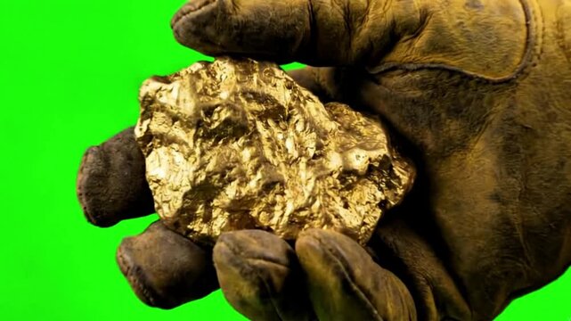 Close-up of a miner&rsquo;s hand holding a chunk of gold, green screen, investment and finance background, 
