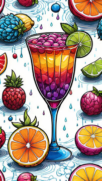 Seamless pattern of vibrant digital art featuring rainbow fruit cocktail glasses and fresh citrus slices over white background