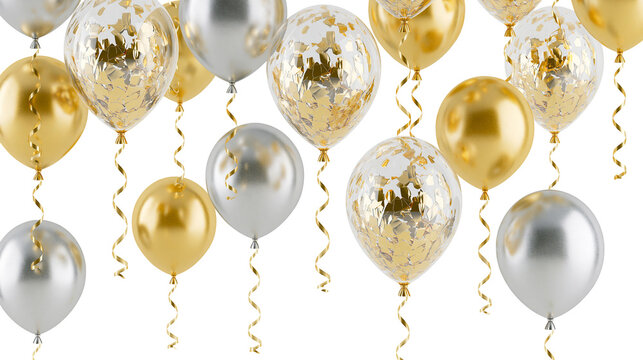 Gold and silver balloons with confetti and ribbons