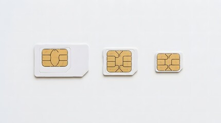 Multiple SIM cards aligned in row representing different mobile carriers and communication options. © Jan