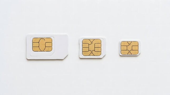 Multiple SIM cards aligned in row representing different mobile carriers and communication options.
