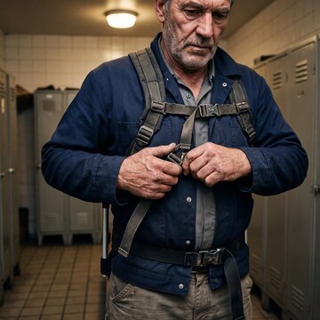 Nahaufnahme eines &auml;lteren Arbeiters der in der Umkleide den Schultergurt seines Exoskeletts schlie&szlig;t