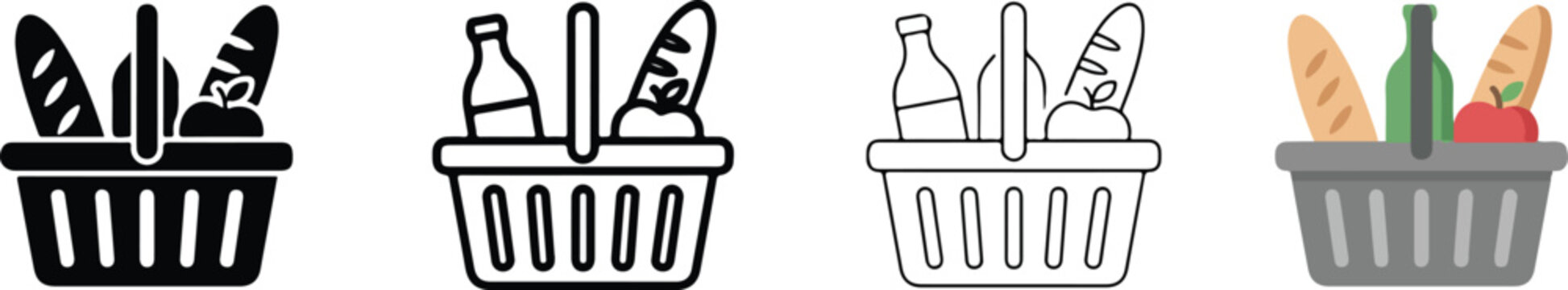 baskets filled with bread baguettes bottles and fresh produce icons for app design and illustration use