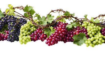 Assorted ripe grapes with green leaves on vine branches © Elowen