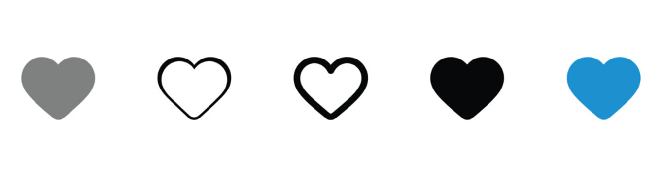 Heart icon set, love symbol, like, favorite, romance, care, health, relationship, emotion, social media reaction, simple pictogram