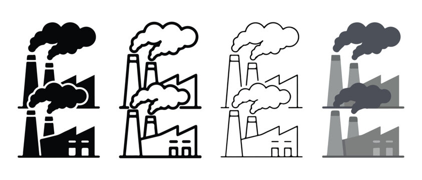  industrial factory illustrations emitting smoke and pollution into sky with varying factory designs