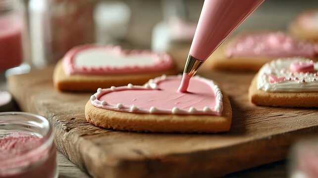 Closeup of Pink Icing Piped onto Heart Shaped Cookies on a Wooden Board