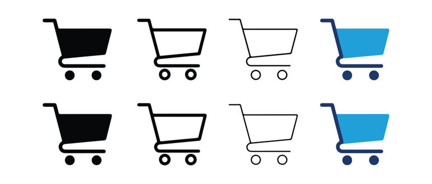 shopping cart icons in various colors including black white and blue isolated on transparent background