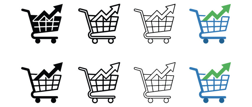 shopping cart icons with upward trending graphs illustrating sales growth and business success