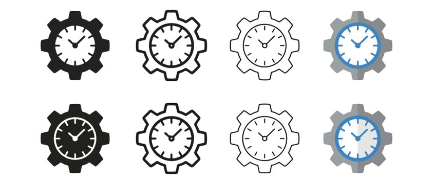 gearshaped clock icons in various colors and shades isolated on transparent background