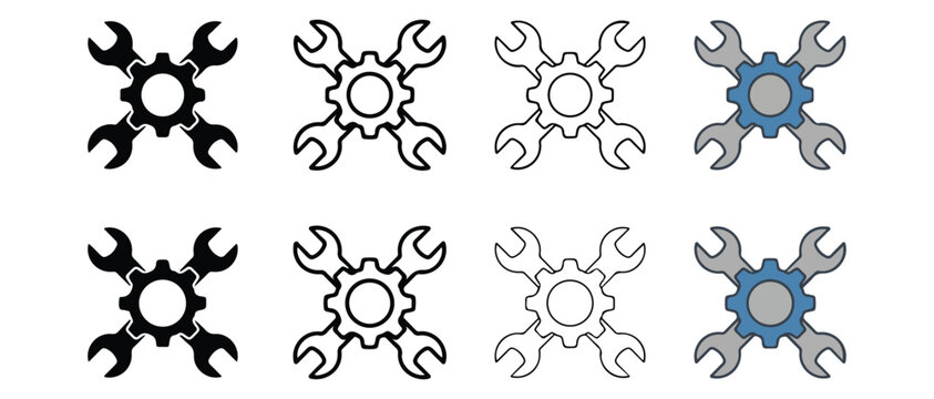 wrench and gear icons with different color fills and transparent backgrounds for design projects